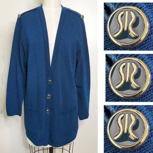 San Remo Womens Teal Blue V-neck Knit Cardigan Logo Buttons L